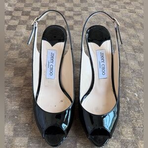 Jimmy Choo Nova Peep Toe Black Patent Leather Slingback Pump, Size 38 1/2